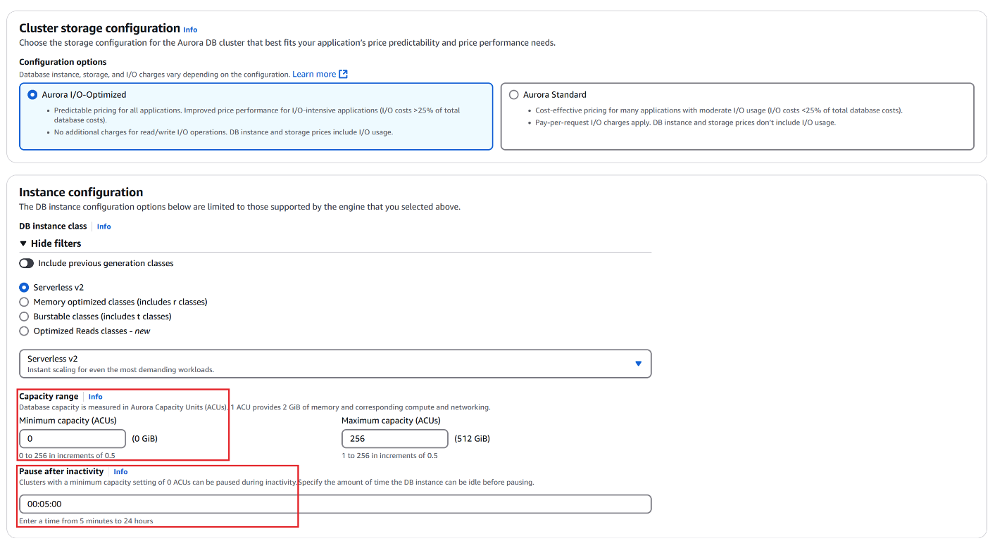 Aurora Serverless v2 configuration showing capacity range and pause after inactivity settings
